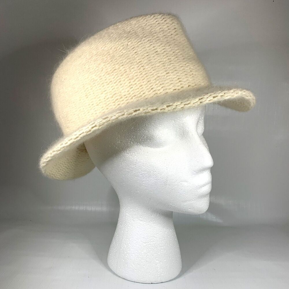 Vintage Womens Italian Angora Blend Hat Knit Wool Gimbels Fedora Preppy